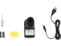 Set za lemljenje s lemilicom, žicom za lemljenje, spužvom i USB kabelom za punjenje.