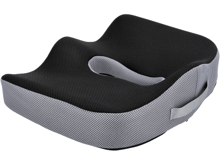 Ergonomski jastuk za sjedalo od crne i sive mrežaste tkanine.