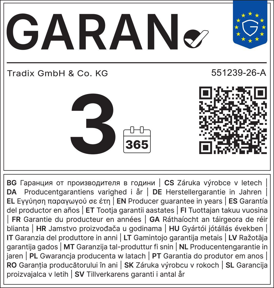 Jamstvo proizvođača 3 godine, 365 dana. Kod: 551239-26-A.