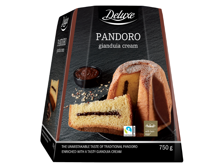 Pandoro s gianduia kremom, 750g, napravljeno s jajima iz podnog uzgoja i Fairtrade kakaom.