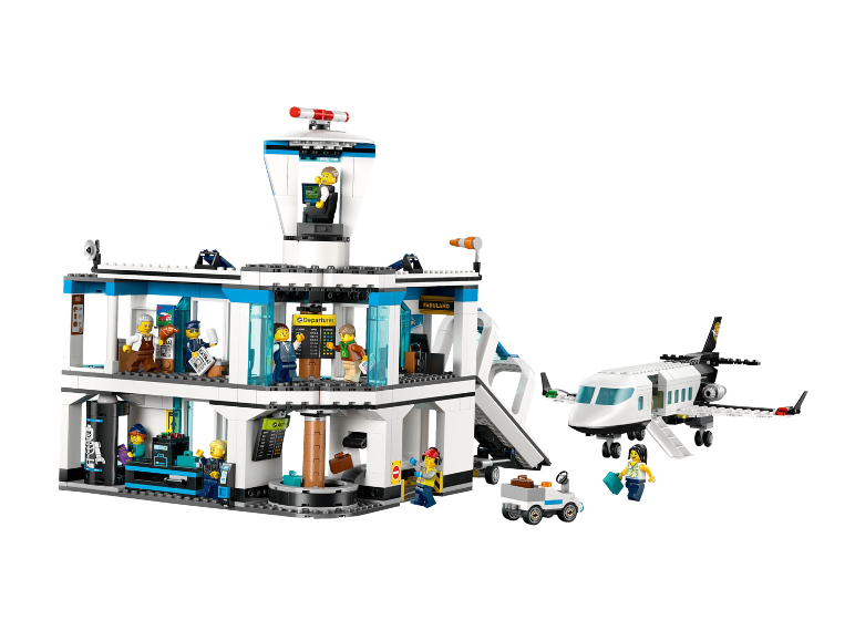 Set zračne luke s kontrolnim tornjem, avionom, figurama i servisnim vozilima.