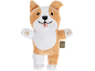 Plišana igračka psa corgija s isplaženim jezikom i izvezenim šapama, sa zelenom etiketom.