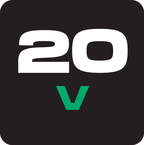 Crna značka s bijelim tekstom „20“ i zelenim „V“ ispod.
