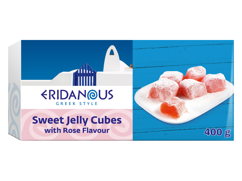 Kutija grčkih žele kockica s okusom ruže, 400g žele slatkiša.