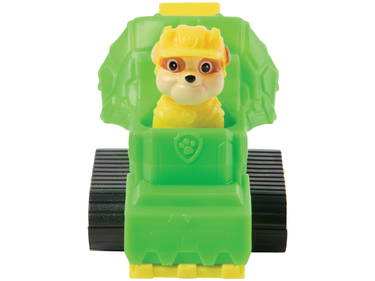 Figura psa igračke sa žutom kacigom u zelenom vozilu s gusjenicama.