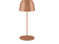 Bakrena stolna lampa s kupolastim sjenilom i okruglim postoljem.
