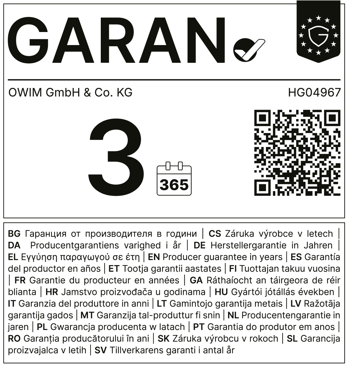 Jamstvo proizvođača: 3 godine (365 dana), kod HG04967.