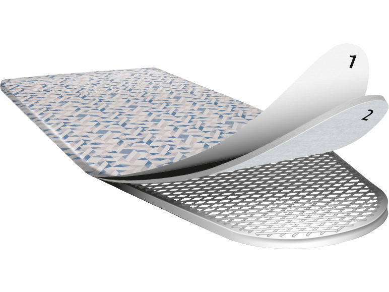 Daska za glačanje s geometrijskim uzorkom navlake i vidljivim unutarnjim slojevima.