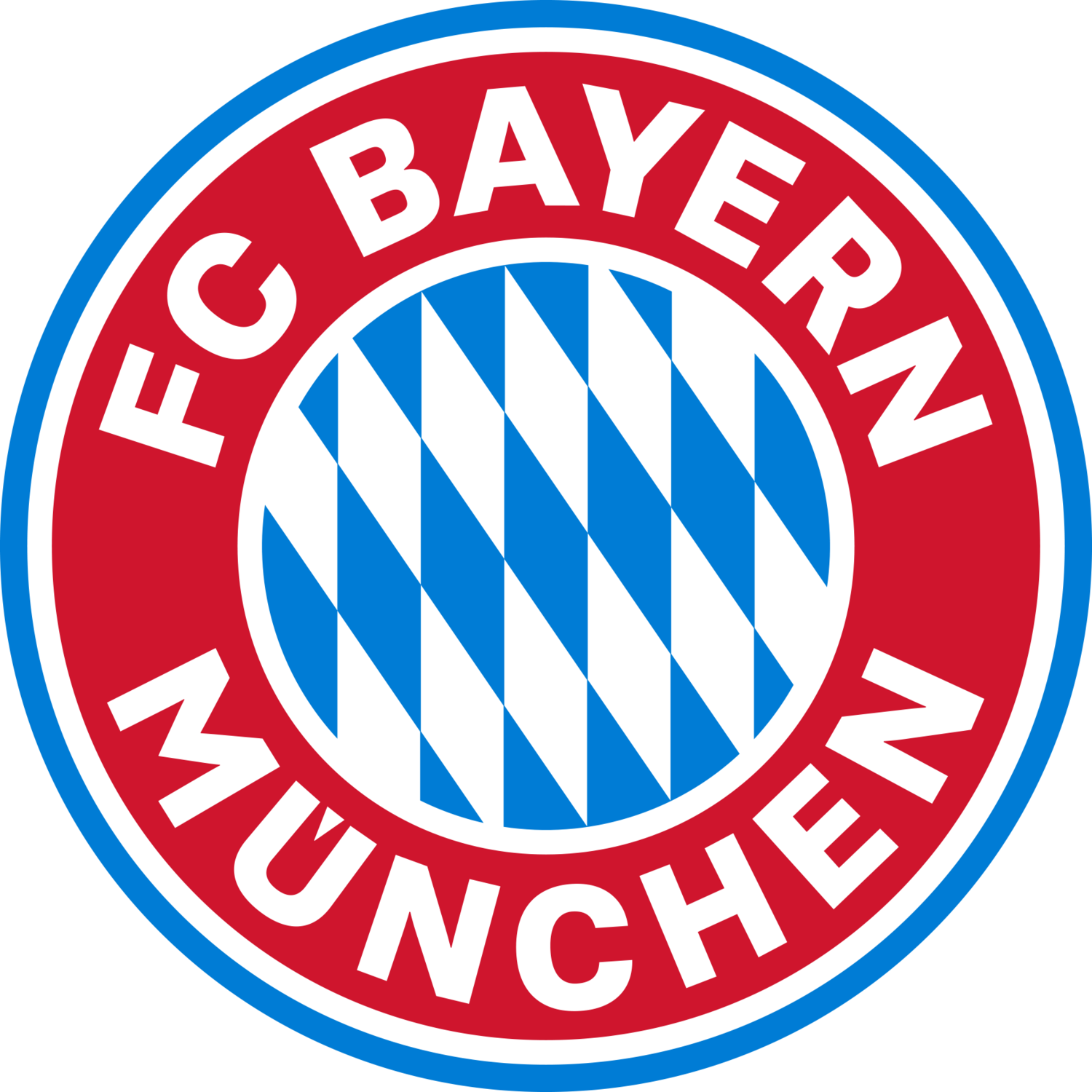 Crveni i plavi okrugli pečat sa slovima „FC BAYERN MÜNCHEN“ i kariranim uzorkom.