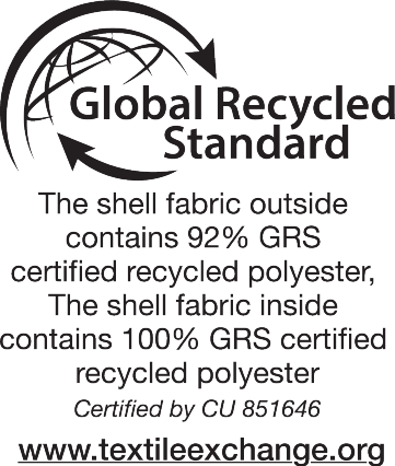 Global Recycled Standard: vanjska tkanina 92% GRS certificirani reciklirani poliester, unutarnja tkanina 100% GRS certificirani reciklirani poliester. Certificirano od CU 851646.
