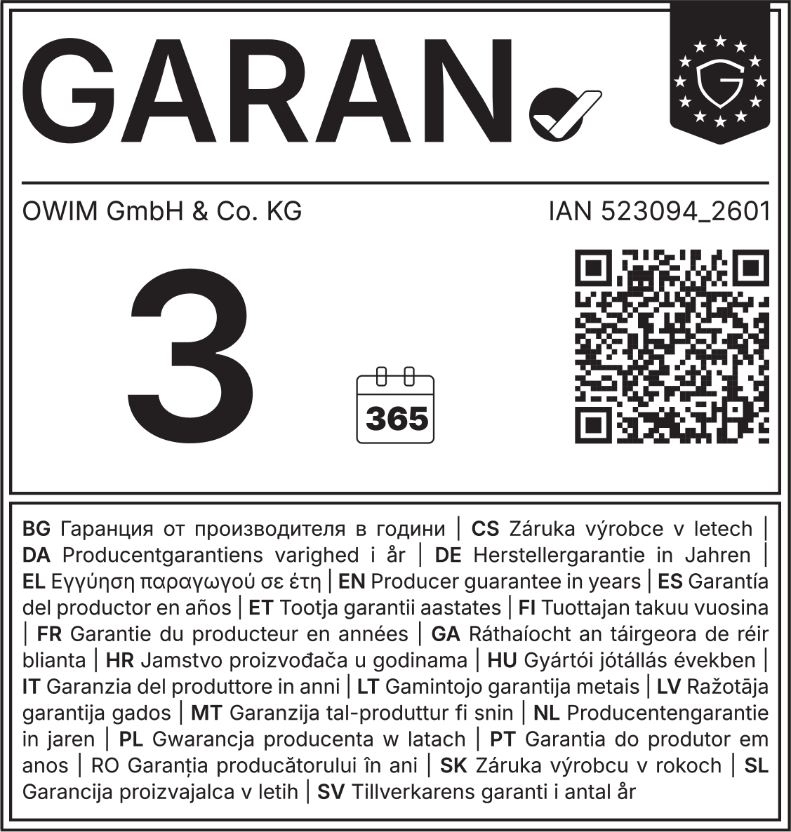 Jamstvo proizvođača: 3 godine, 365 dana. IAN broj: 523094_2601.