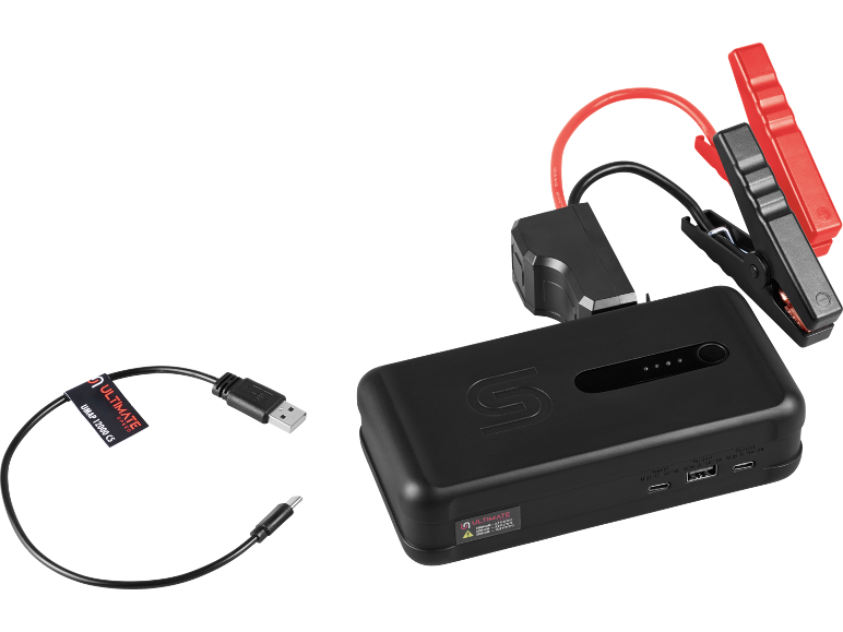 Crni prijenosni pokretač akumulatora s crvenim i crnim stezaljkama za pokretanje i USB kabelom za punjenje.