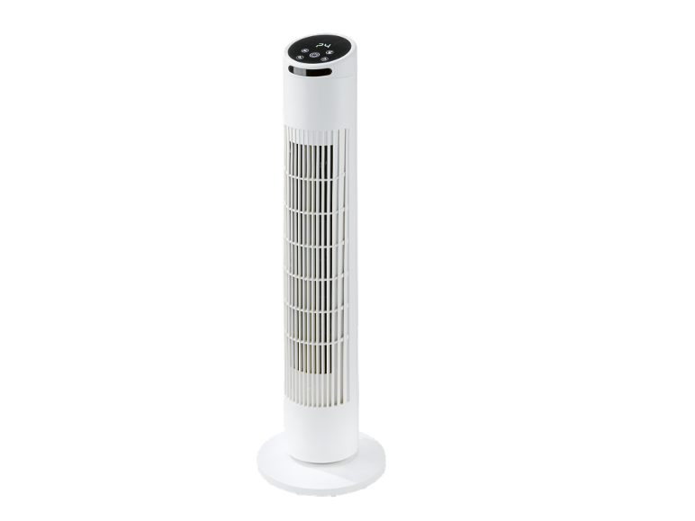 Bijeli toranjski ventilator s digitalnim zaslonom koji prikazuje „24“.