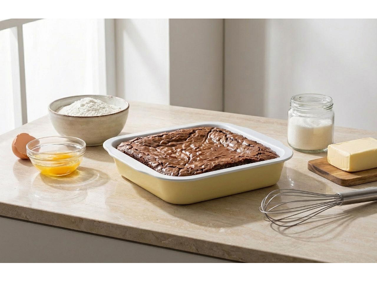Svježe pečeni brownie u posudi za pečenje s sastojcima za pečenje pored.
