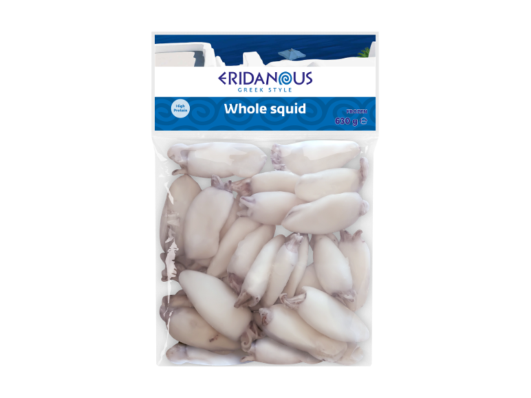 Pakiranje smrznutih cijelih liganja, grčki stil, s oznakom „High Protein“ i 630 g.