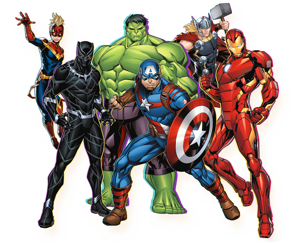 Sedam superheroja u borbenim odijelima, uključujući Kapetanicu Marvel, Crnu Panteru i Hulka.