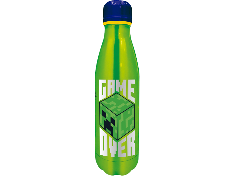 Zelena boca za vodu s plavim čepom, s pikseliziranim dizajnom kocke i tekstom „GAME OVER“.