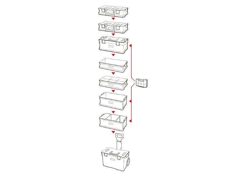 Sastavljanje modularnog sustava za pohranu: razne kutije, organizatori i kolica na kotačima.
