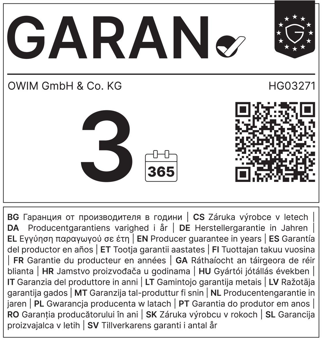 Jamstvo: 3 godine (365 dana), Proizvođač: OWIM GmbH & Co. KG, HG03271