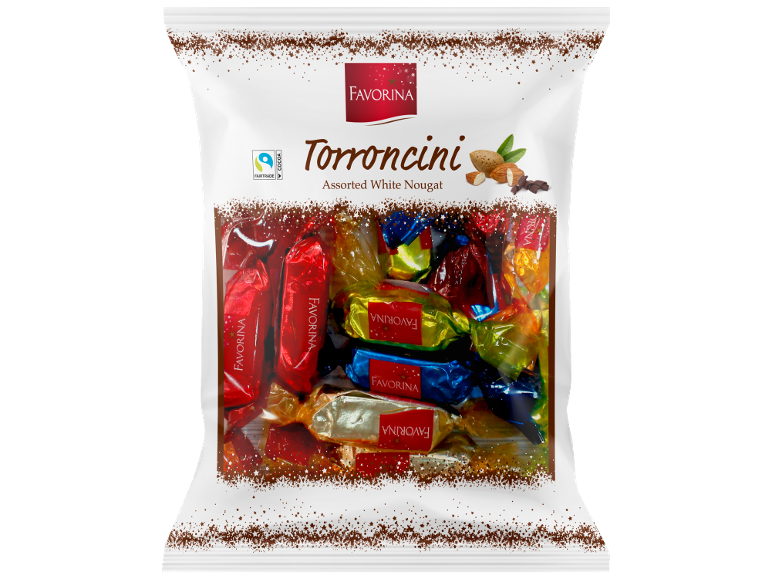 Vrećica raznih bijelih nugat torroncinija s bademima i komadićima čokolade.