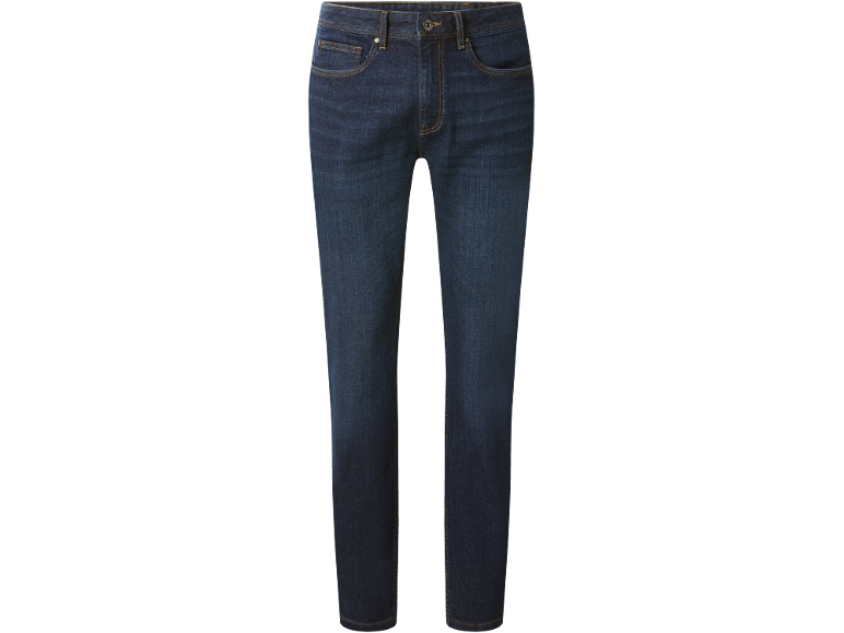 Tamnoplave muške traperice s kontrastnim šavovima i džepovima.
