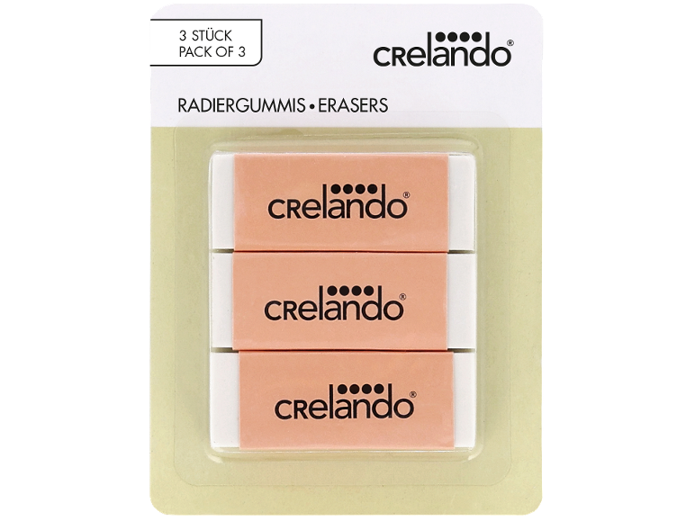 Pakiranje od 3 gumice s rukavcem boje breskve, označeno „RADIERGUMMIS • ERASERS“.