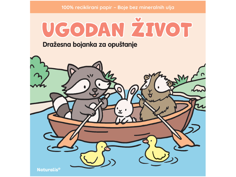 Bojanka za opuštanje: rakun, zec i zamorac u čamcu, s patkama.