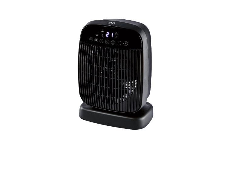 Crna ventilatorska grijalica s digitalnim zaslonom koji prikazuje 21 stupanj i ikone funkcija.
