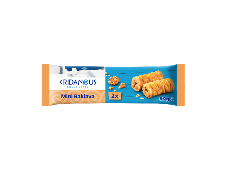 Mini Baklava grickalica s dva komada, orasima i grčkom tematikom.