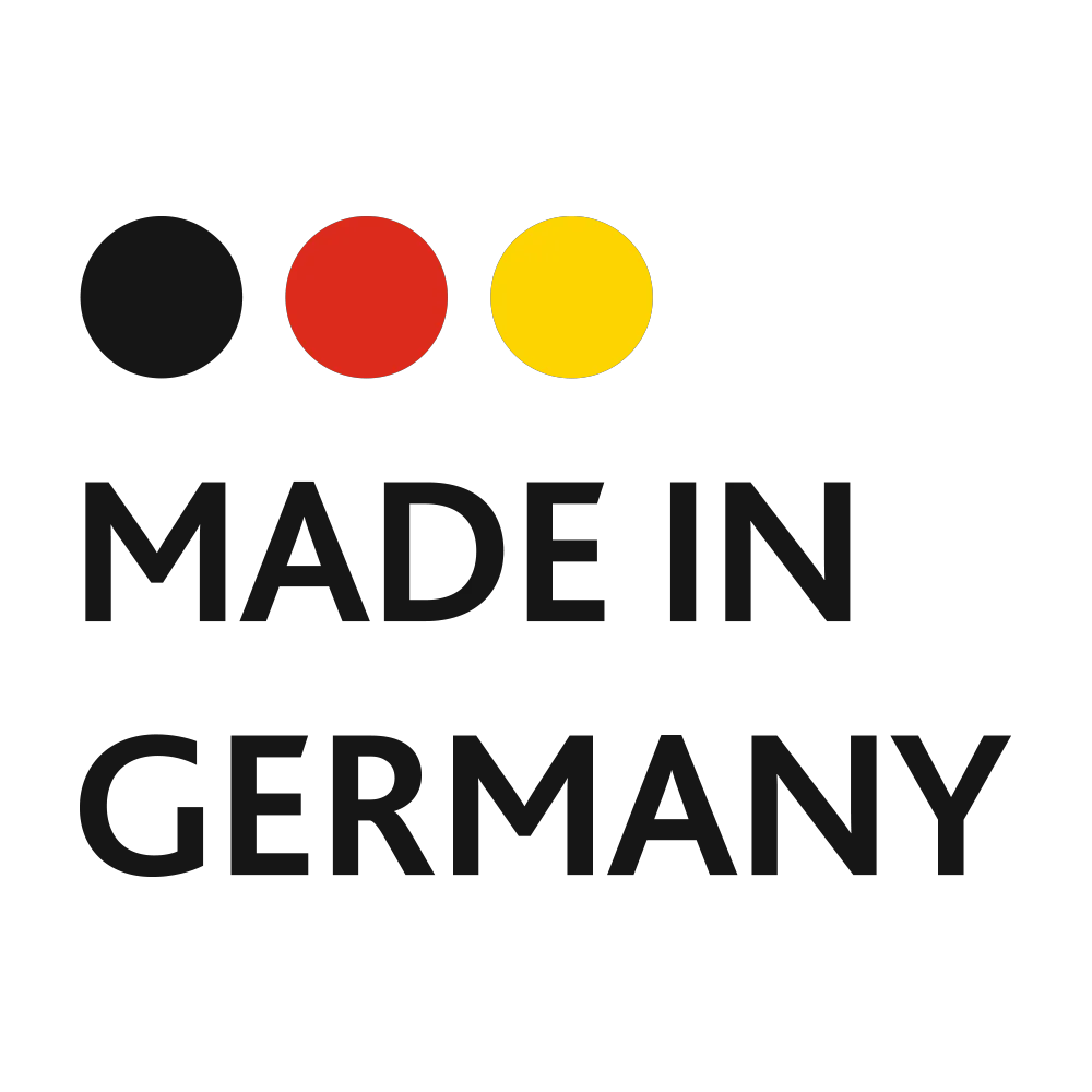 Pečat s tri crna, crvena i žuta kruga i tekstom 'MADE IN GERMANY'.