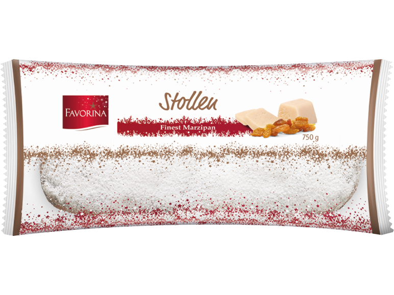 Stollen s marcipanom, grožđicama i šećerom u prahu, s blagdanskim ukrasima.