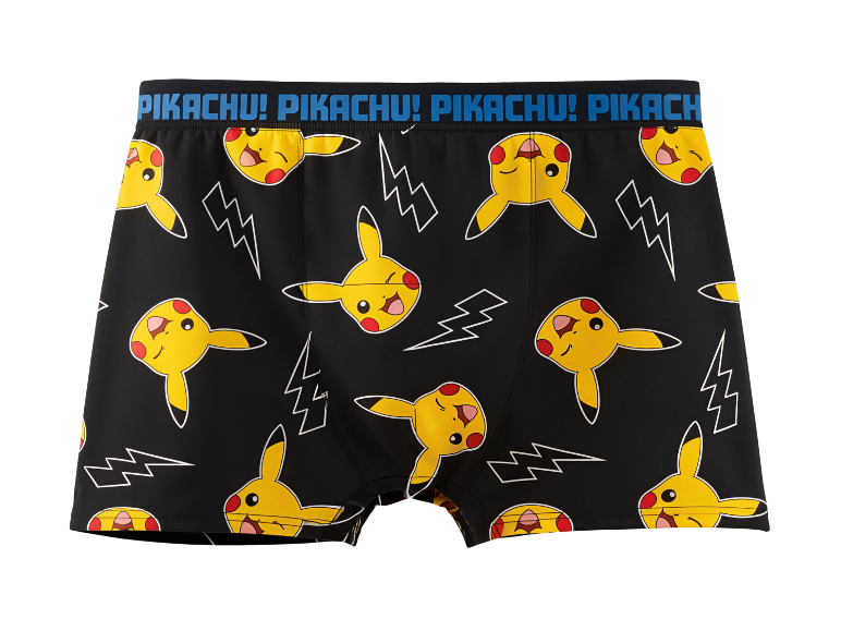 Crne bokserice s uzorkom lica Pikachua i munja, s natpisom „PIKACHU!“ na pojasu.