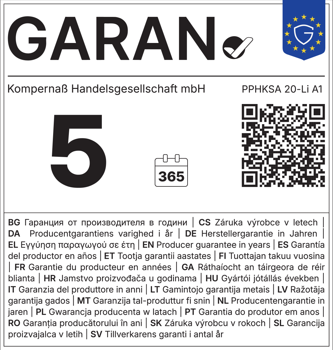 Jamstvo proizvođača 5 godina, 365 dana, PPHKSA 20-Li A1