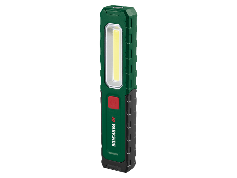 Zelena LED radna svjetiljka s crvenim gumbom za uključivanje i logotipom