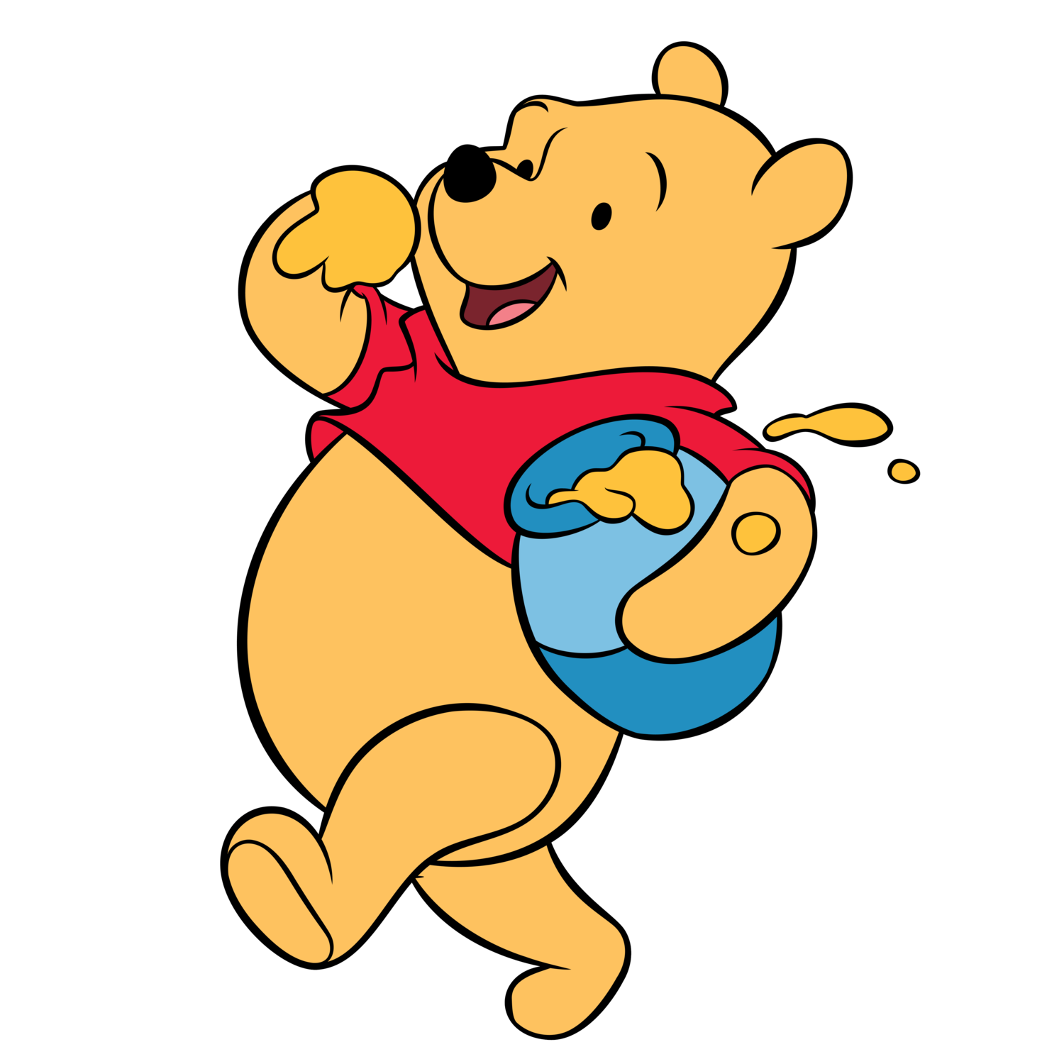 Nasmiješeni Winnie Pooh drži posudu s medom koja curi.