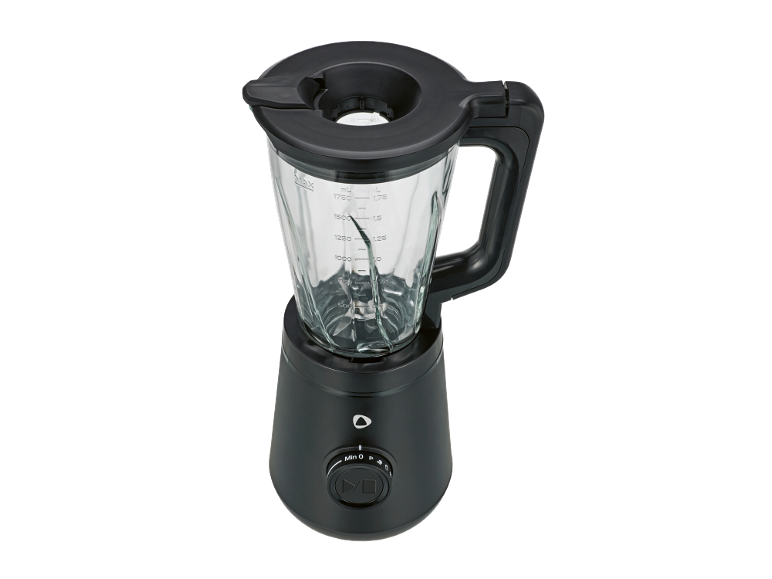 Crni blender sa staklenom posudom i okretnim gumbom za kontrolu brzine.