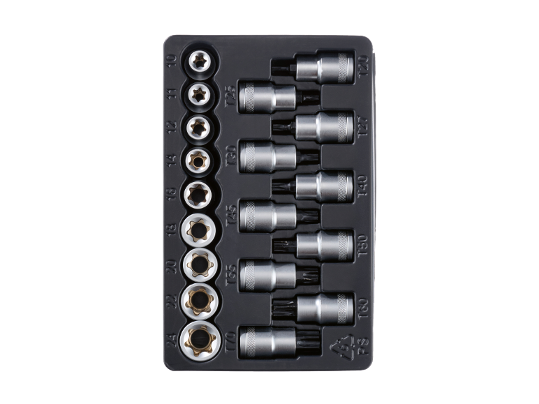 Set Torx nasadnih ključeva i bitova u crnoj ladici, s veličinama od 10 do 70 i T20 do T70.