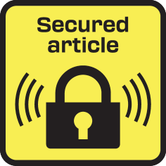 Žuta značka s crnim lokotom i natpisom „Secured article“.
