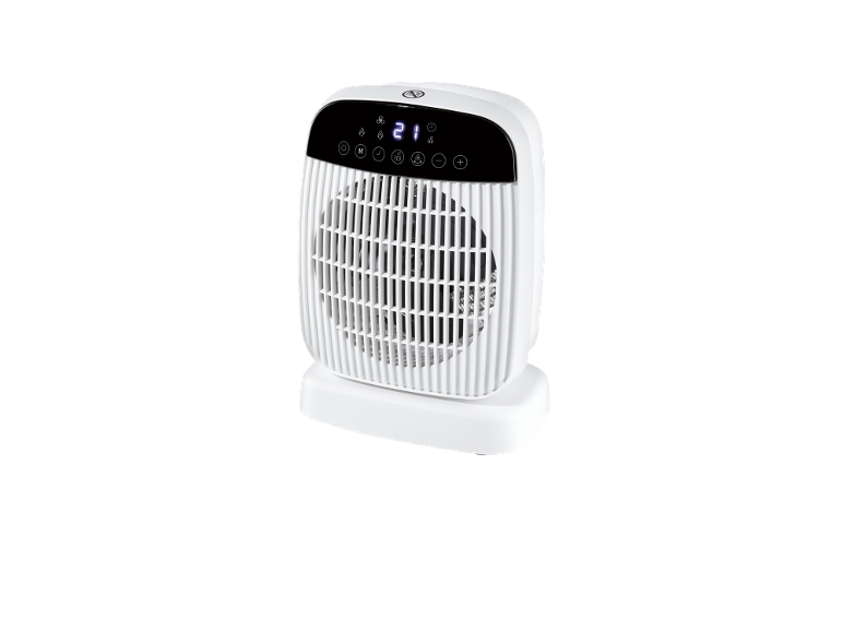 Bijela grijalica s ventilatorom s digitalnim zaslonom koji prikazuje 21 i ikone za upravljanje.