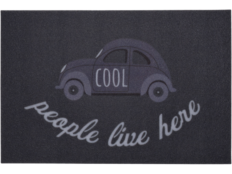 Crni otirač sa sivim automobilom i tekstom 'COOL people live here'.