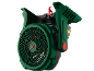 Zeleno-crni ventilator na baterije s crvenim i žutim detaljima.