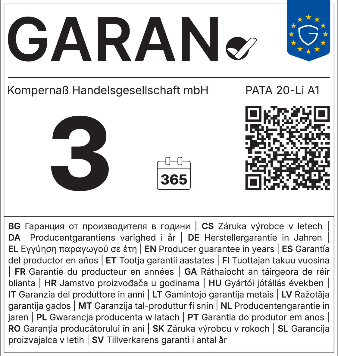 Jamstvo proizvođača 3 godine, 365 dana, PATA 20-Li A1, s QR kodom.