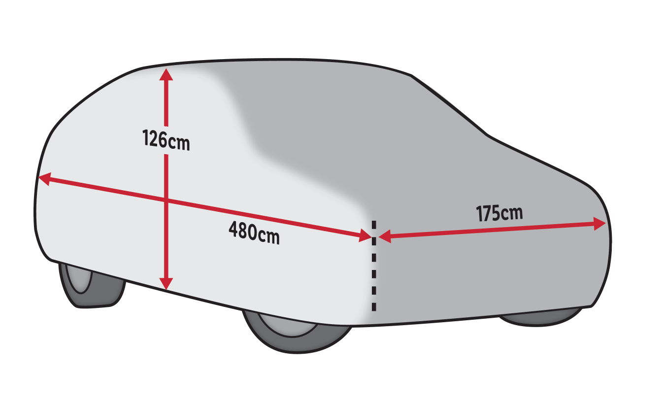 Dimenzije navlake za automobil: 126cm visina, 480cm duljina, 175cm širina.