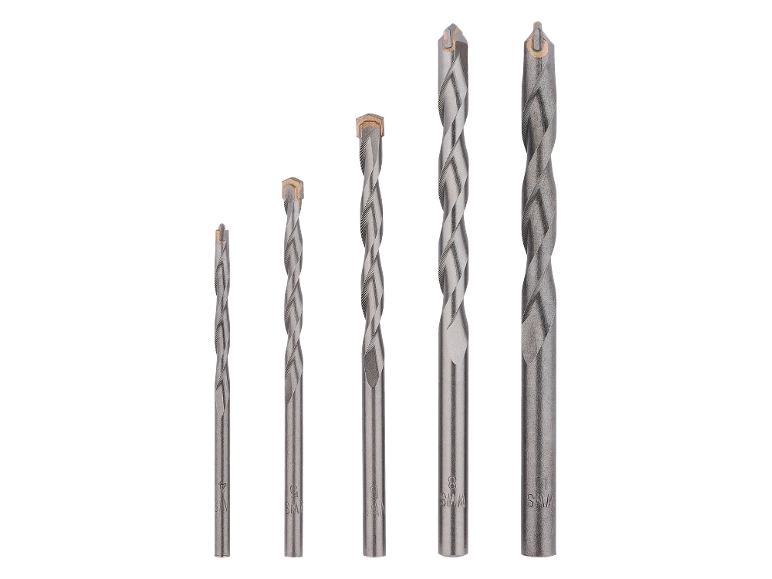Set od pet svrdla za beton različitih veličina (4, 5, 6, 8, 10 mm) na crnoj pozadini.