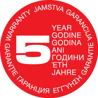 Crveni pečat 5-godišnjeg jamstva s tekstom na više jezika.