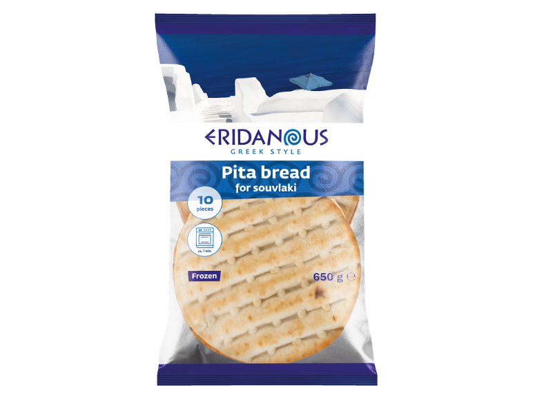 Smrznuti pita kruh za souvlaki, 10 komada, 650g, s grčkim krajolikom u pozadini.