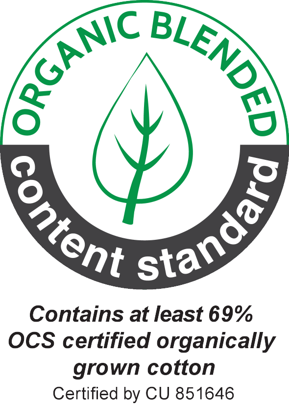 Pečat: ORGANIC BLENDED content standard. Sadrži najmanje 69% OCS certificiranog organski uzgojenog pamuka. Certificirano od strane CU 851646.