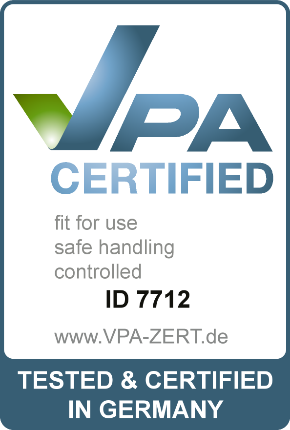VPA certificirani pečat: prikladno za upotrebu, sigurno rukovanje, kontrolirano. ID 7712. Testirano i certificirano u Njemačkoj.