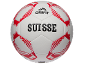 Bijela nogometna lopta s crvenim detaljima i natpisom „SUISSE“ crnom bojom.