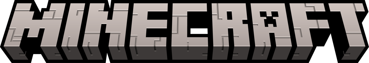 3D tekst u blok stilu koji tvori riječ „MINECRAFT” sa sivim blokovima.